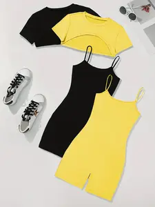 2 Piece Set: Crop Top + Romper Bodycon, Casual Fitted Glossy Plain Design, All Seasons Wear, Lightweight Comfortable Style