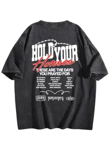 Hold Your Horses Heavy Washed Tee Menswear Top with Bold Typography and Barbed Wire Design Streetwear Tshirt 90s cotton t-shirt