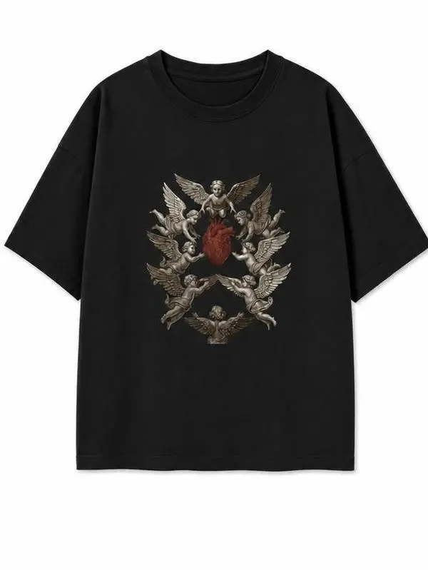 Retro Angel Cherub Red Heart Pure Cotton Graphic T-shirt Dark Academia Retro Angel Realistic Heart Print Unisex Cotton Tshirt