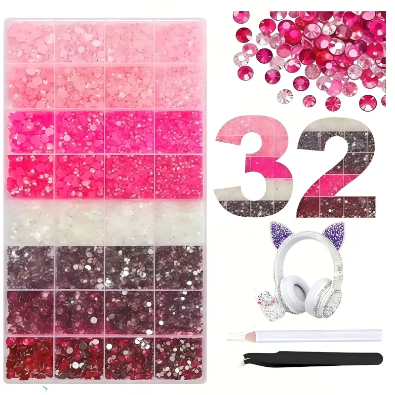 TQIGWRB 27000Pcs Colorful Pink Resin Flatback Rhinestones Bedazzled Kit - 32 Grids, Durable, Economical, Bling-Out Sparkles, Tweezers, Pick Up Pen, Storage Box for Nail Art, Clothing Decor