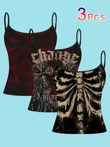 Women's Slim Fit Strapless Sleeveless Top, Gothic Style Cross & Skeleton Pattern Design, All Season Casual Wear, Perfect for Layering, Print
