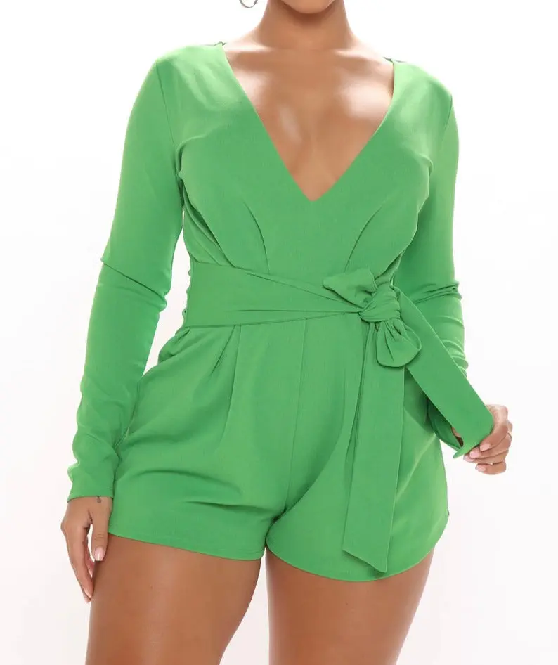 Women's Kelly Green Plus Size Solid Long-Sleeve Overalls Jumpsuit - V-Neck, Comfortable Fit, Vibrant Summer Style, Casual Chic, Above Knee, Accessories-Inclusive for 2 Key Occasions