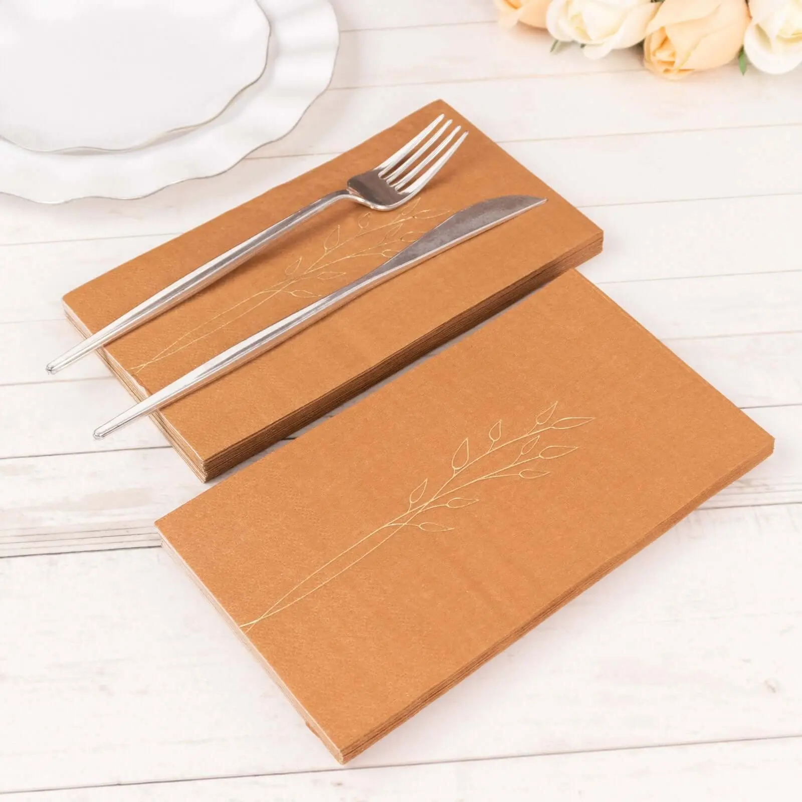 50-Pack 2-Ply Disposable Paper Dinner Napkins, Terracotta (Rust) with Gold Embossed Leaf, 18GSM Stylish Napkins for Weddings, Anniversary, Baby Shower, Birthday, Graduation Party Supplies, Disposable Napkins