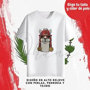 POLOS DE PERÚ White T-Shirt with High Relief Design Featuring Peruvian Llama Wearing Sunglasses and Beads Choose Your Size and Color