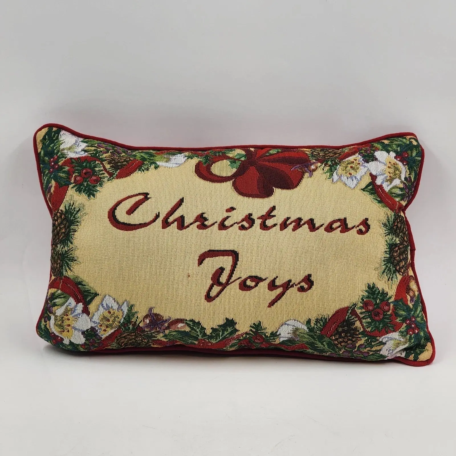 Christmas Joys Throw Pillow Red Back Holly Berries Holiday Decor 18" x 11"