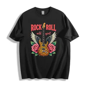 Rock N Roll Guitar Rose Wing Graphic T-Shirt, Wild Spirit Music Print Tee, Casual Oversized Cotton Top for Men, Coachella Festival Outfit, Rock Music Lover Gift