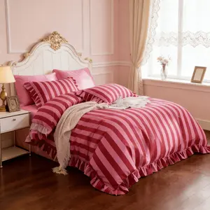Three-Piece Striped, Ruffled Washable Fiber Duvet Cover and Pillowcases, Decorative Bedsheet Sets, Essential Home Decor Accessories