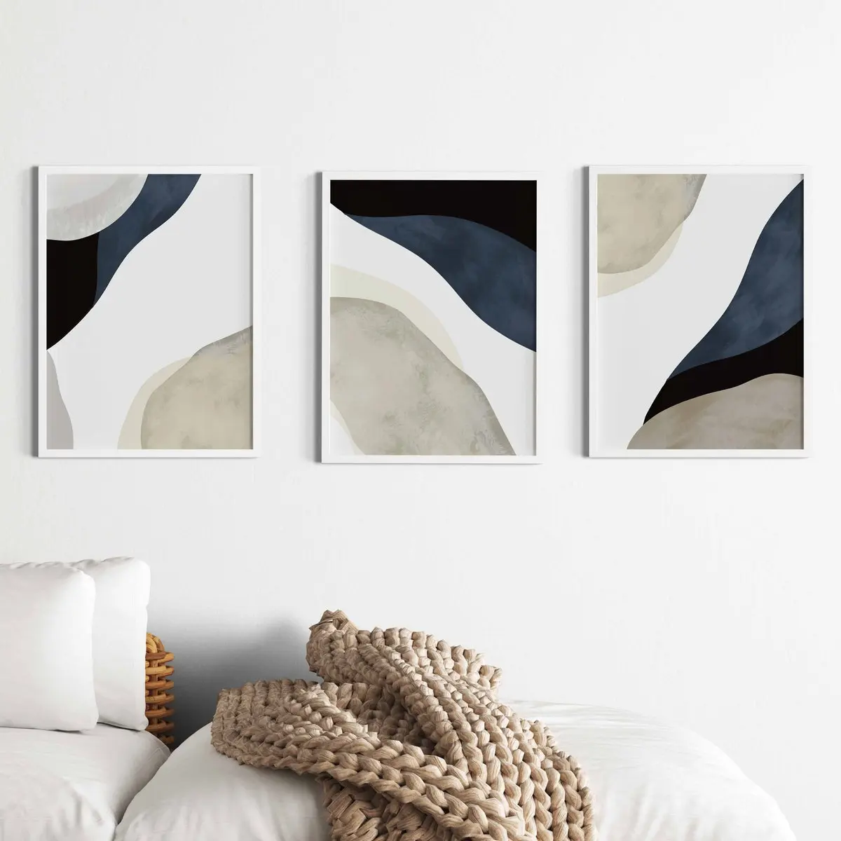 Abstract Wall Art – Set of 3 Navy Blue & Beige Nordic Prints, Modern Minimalist Indigo Posters for Bedroom & Room Decor, Trendy Apartment Poster, Unframed