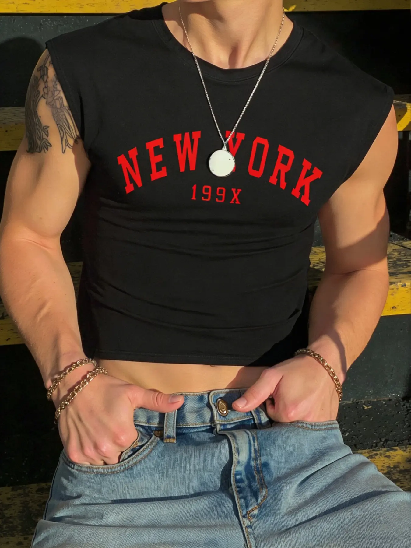 Men's Slim Fit Classic Casual Streetwear Sleeveless Short Tank Top, New York 199x Vintage Print, Elastic Fabric, Round Neck, Wide Shoulders, High Waist Cut, Menswear
