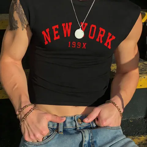 Men's Slim Fit Classic Casual Sleeveless Short Tank Top, New York 199x Vintage Print, Elastic Fabric, Round Neck, Wide Shoulders, High Waist Cut, Menswear, Casual Tank Tops