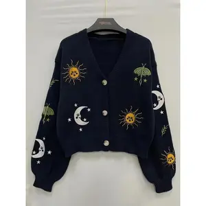 Sun and Moon Pattern Short Knitted Cardigan, Fashion Button Front Lantern Sleeve Cardigan, Suitable and Autumn Season, Women's Clothing