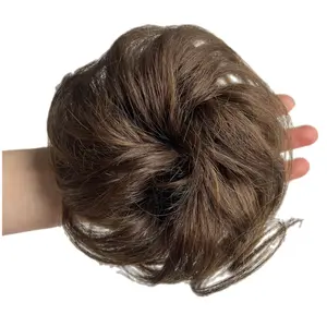 100% Human Hair Messy Bun Extension Tail, Messy Hair Bun Hair Scrunchies Extension with Fringe Curly Wave Wavy Chignon for Women Wedding Tousled Updo Hairpiece