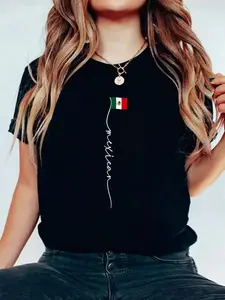 100% Cotton Tshirts Mexico Signature Mexican Flag T-Shirt Casual Print Short Sleeve White T Shirt Graphic Tees Women Tops