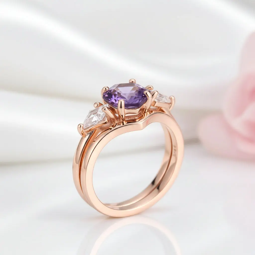 Lab Alexandrite Hexagon Wedding Ring Set