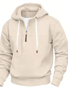 American-style New Classic Solid Color Men's Fleece-Lined Knit Half-Zip Trendy Hooded Contrast Panel Long Sleeve Loose Casual Unisex Couple Sweatshirt