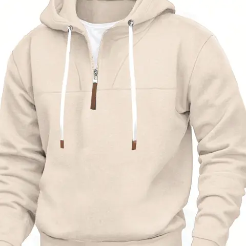 American-style New Classic Solid Color Men's Fleece-Lined Half-Zip Trendy Casual Knit Hooded Contrast Panel Long Sleeve Loose Unisex Couple Sweatshirt Solid Color Sweatshirts
