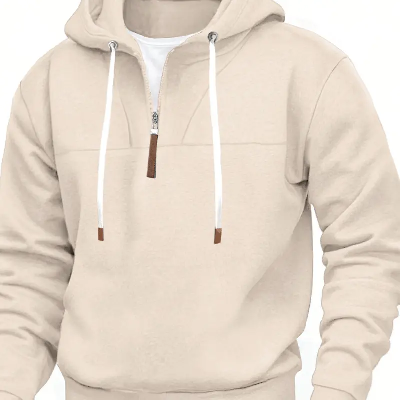 American-style New Classic Solid Color Men's Fleece-Lined Half-Zip Trendy Casual Knit Hooded Contrast Panel Long Sleeve Loose Unisex Couple Sweatshirt Solid Color Sweatshirts