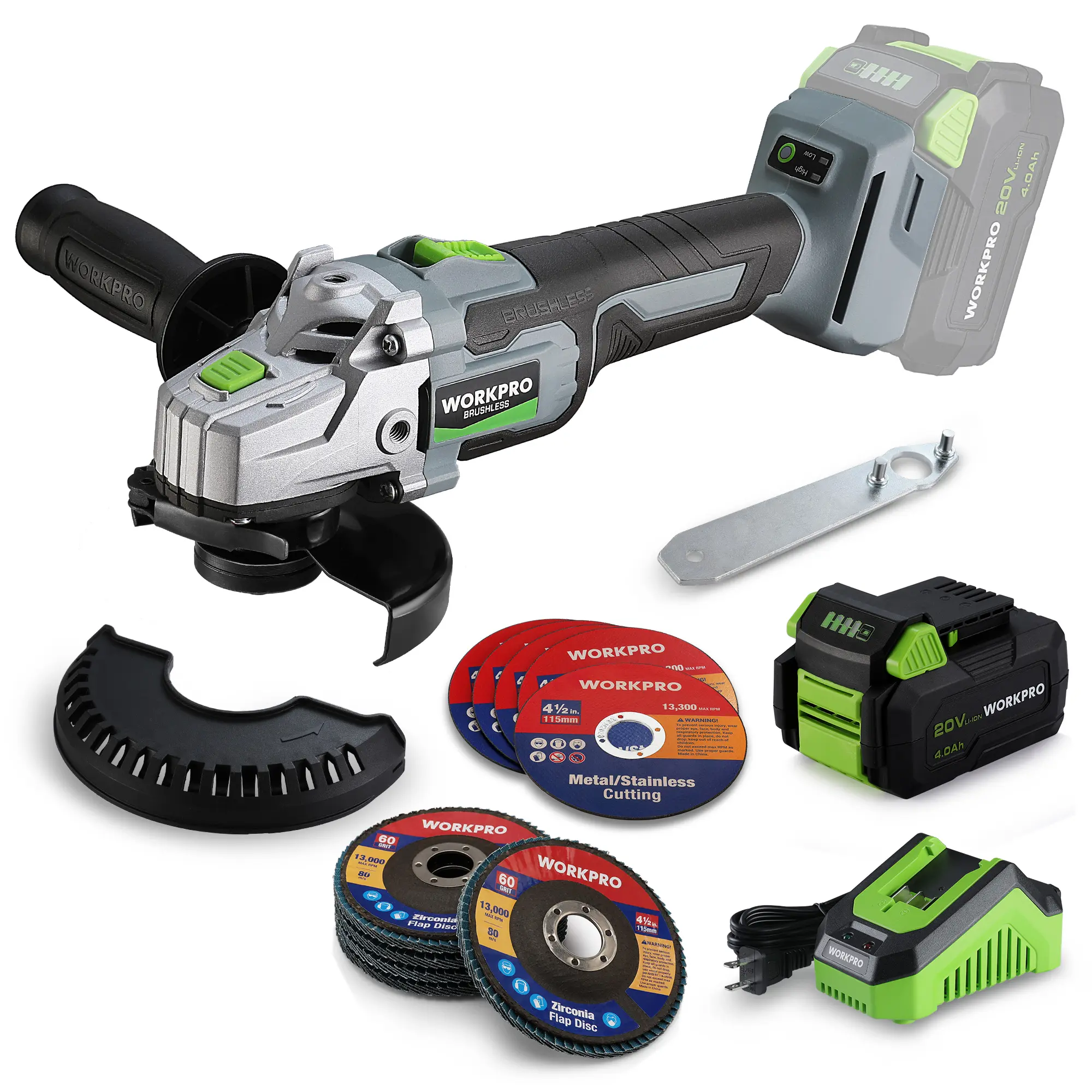 #backtoschool WORKPRO Cordless Angle Grinder, 20V Brushless Grinder with 4.0Ah Battery and Fast Charger, 4-1/2 Inch Dics, 8500RPM Brushless Motor Electric Grinder Power Tools for Metal and Wood