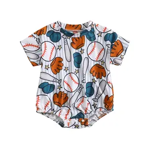 Unisex Baby Baseball & Floral Print Romper Short Sleeve Summer Casual Neutral Infant Bodysuit Playsuit