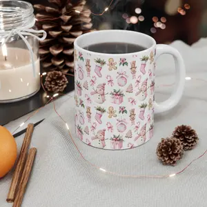 Pink Watercolor Christmas Pattern Mug | Snowman, Stocking, Gingerbread