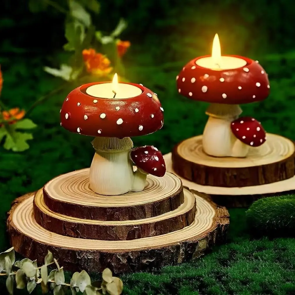 Cute Mushroom Tealight Candle Holder, Resin Fairycore Home Decor, Red Spotted Mushroom Aesthetic Decor for Bedroom & Living Room Easter bonus