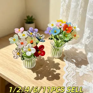 1/2/4/6/11PCS/SET Creative Mini Glass Flowers with Vase European Style Decorative Small Vase Set Elegant Crystal Clear Transparent Floral Bouquet Vase Office Desk Decor For Birthday Anniversary Mother's Day Handmade Glass Flower Bouquet Small Flower Gift