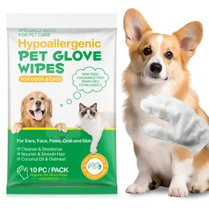Hypoallergenic Pet Glove Wipes - 360° Deep Cleaning Grooming Gloves for Dogs, Cats & Small Animals - 100% All-Natural Ingredients w/Aloe, Coconut Oil & Oatmeal - Rinse-Free & Fragrance-Free - 10 Pack
