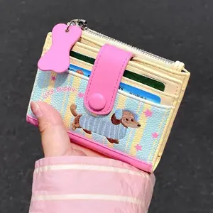 Casual Korean Style Embroidery Sausage Dog Wallet Purse Cartoon Coin Pouch Card Holder Ultra Thin PU Leather Card Holder Outdoor