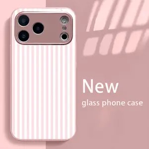 Simple pink and white vertical stripe pattern, metal-painted glass phone case, drop-resistant and fingerprint-proof, with a skin-friendly feel. Suitable for iPhone 17 pro , 16, 15, 14, 13, 12, 11 and other series models. Can be given as a gift to friends