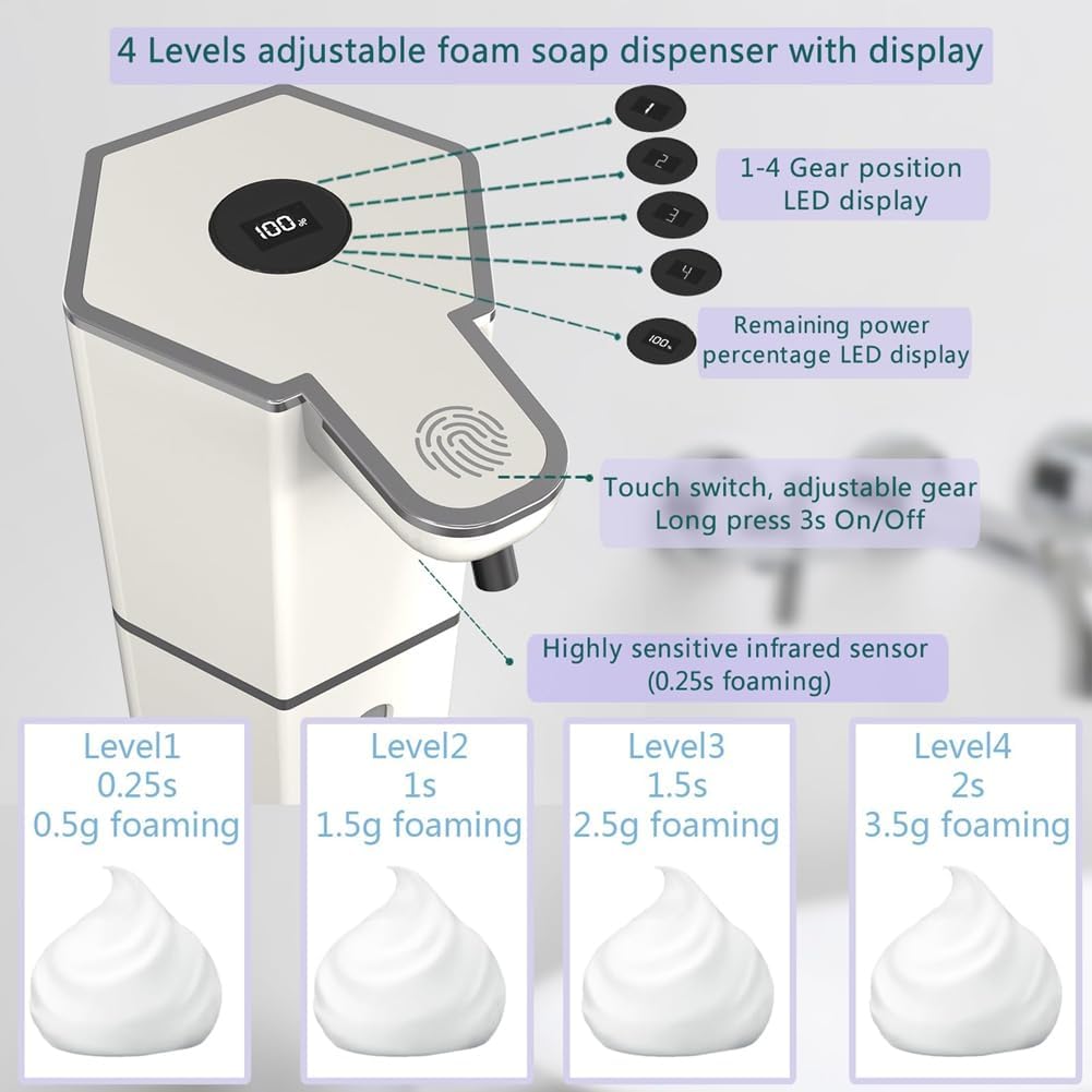 Automatic Touchless Foaming Soap Dispenser – USB Rechargeable, Wall-Mounted with 4 Adjustable Levels, Leak-Proof Design for Bathroom & Kitchen Use
