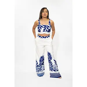 Blue O-Ring Strap Detail Crop Top With Pants Set