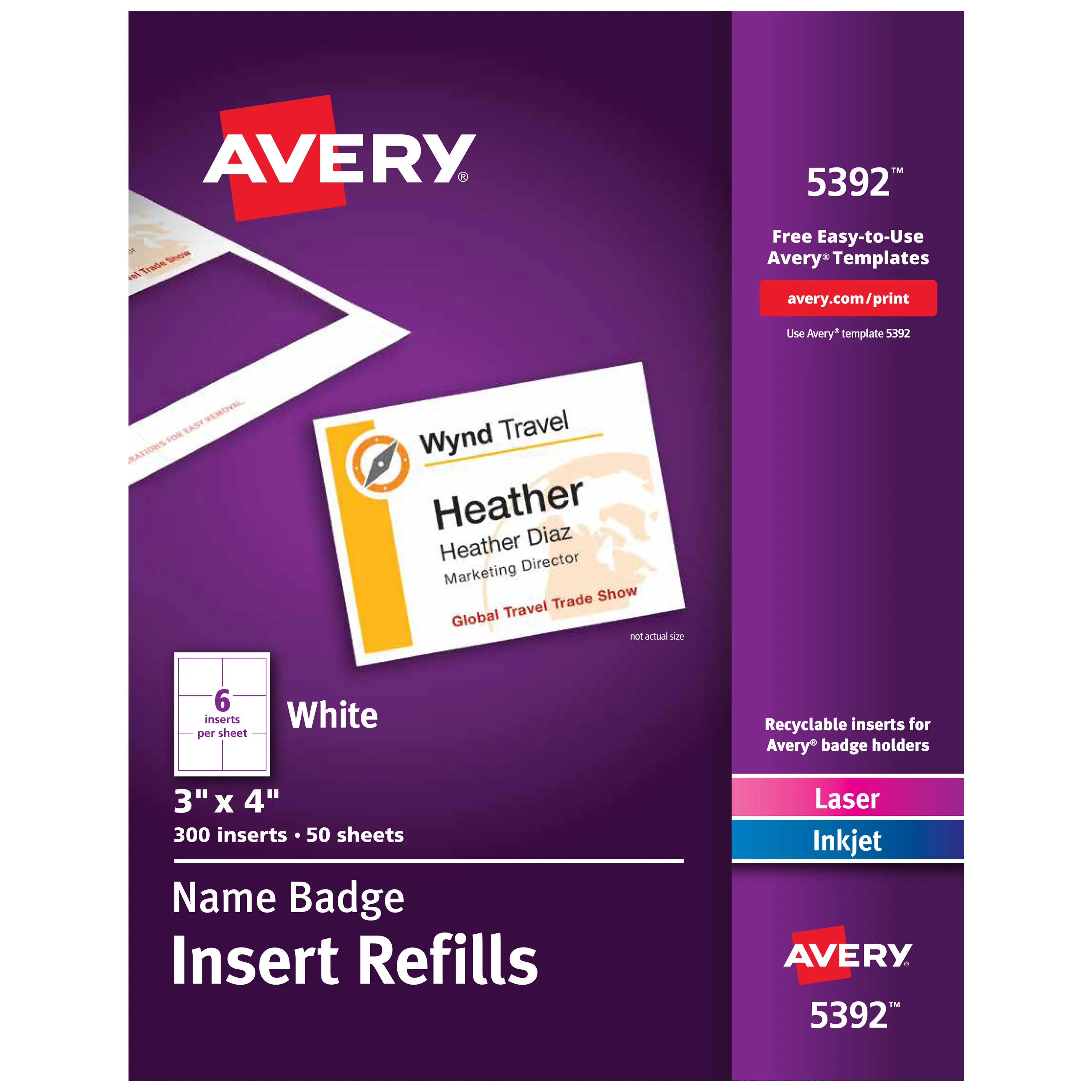 Avery Customizable Name Badge Inserts - 3" x 4" White, 300 Print-Ready Laser/Inkjet Inserts with Micro Perforation, Badge Accessories for Company Meetings (5392) - Office Identification Supplies, Personalized Nametags