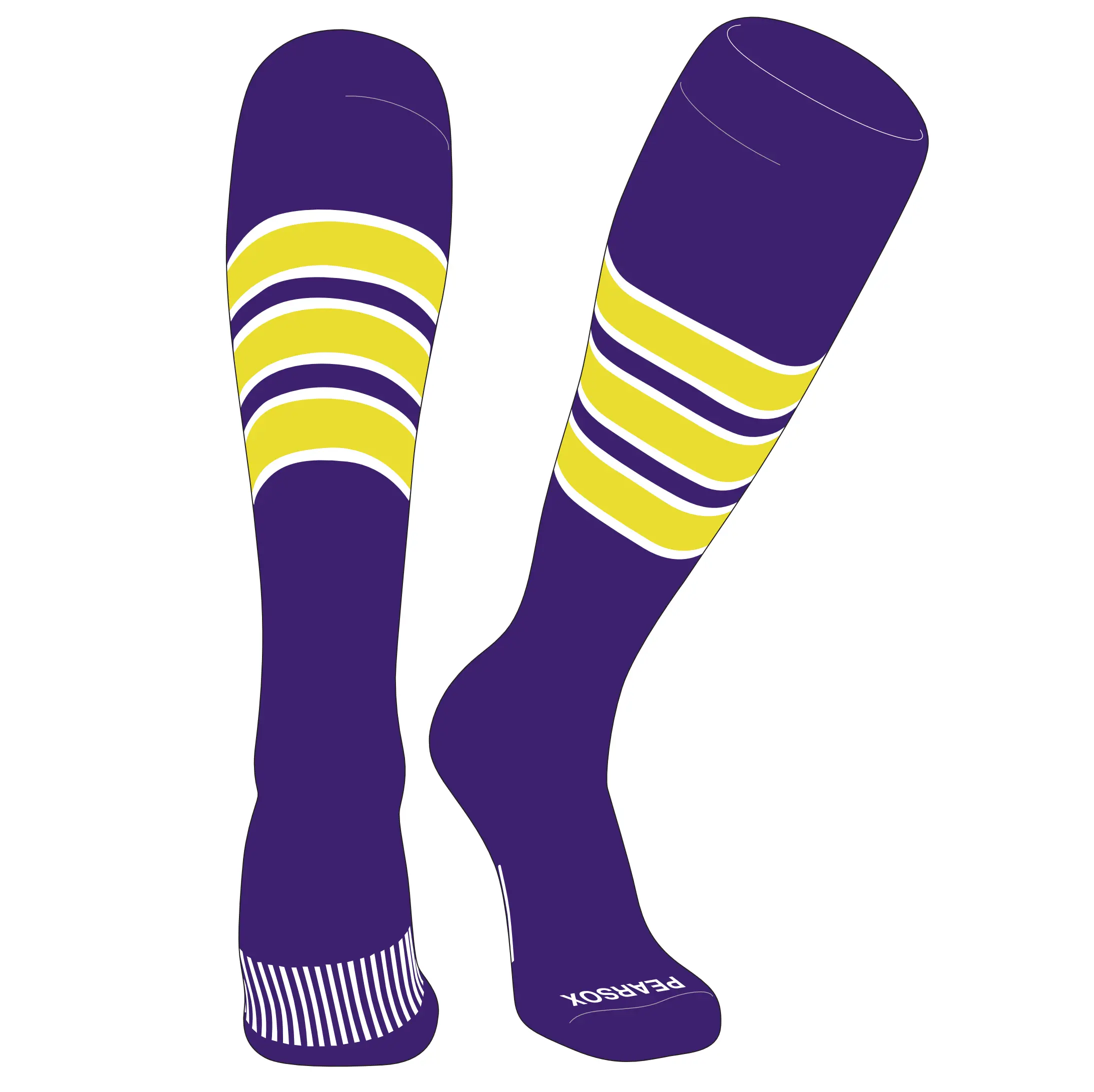 PEAR SOX Striped OTC Baseball, Softball, Football Socks (C) Purple, White, Bright Yellow