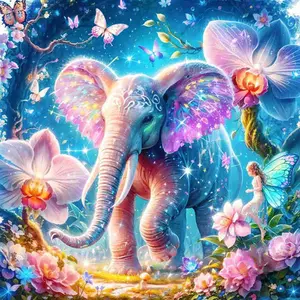 5D Diamond Painting Kit - Magical Rainbow Elephant with Fairies in Enchanted Flower Forest, Full Round Drill Fantasy Mosaic Art, DIY Rhinestone Embroidery for Kids Room Decor