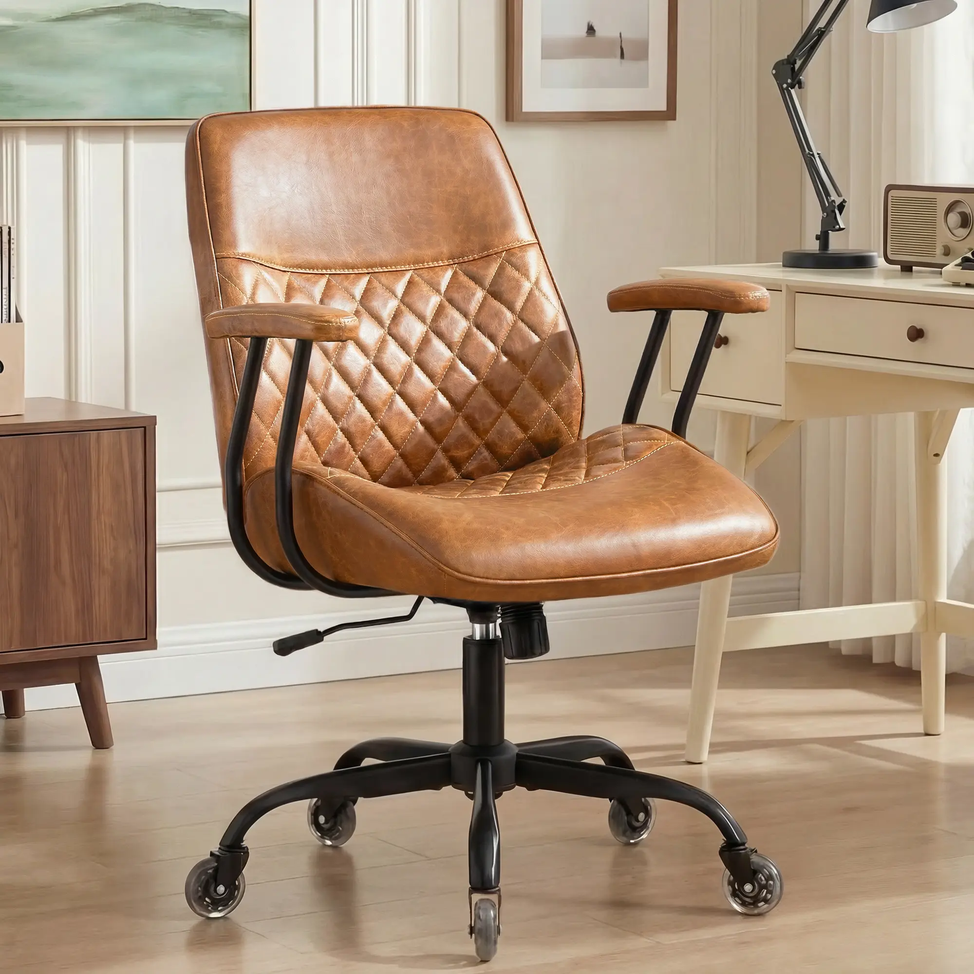 NEO Chair Ergonomic Office Chair, Mid Back Computer Chair with Lumbar Support, PU Leather Executive Chair with Tilt Lock, Adjustable Height Swivel Desk Chair for Home Office