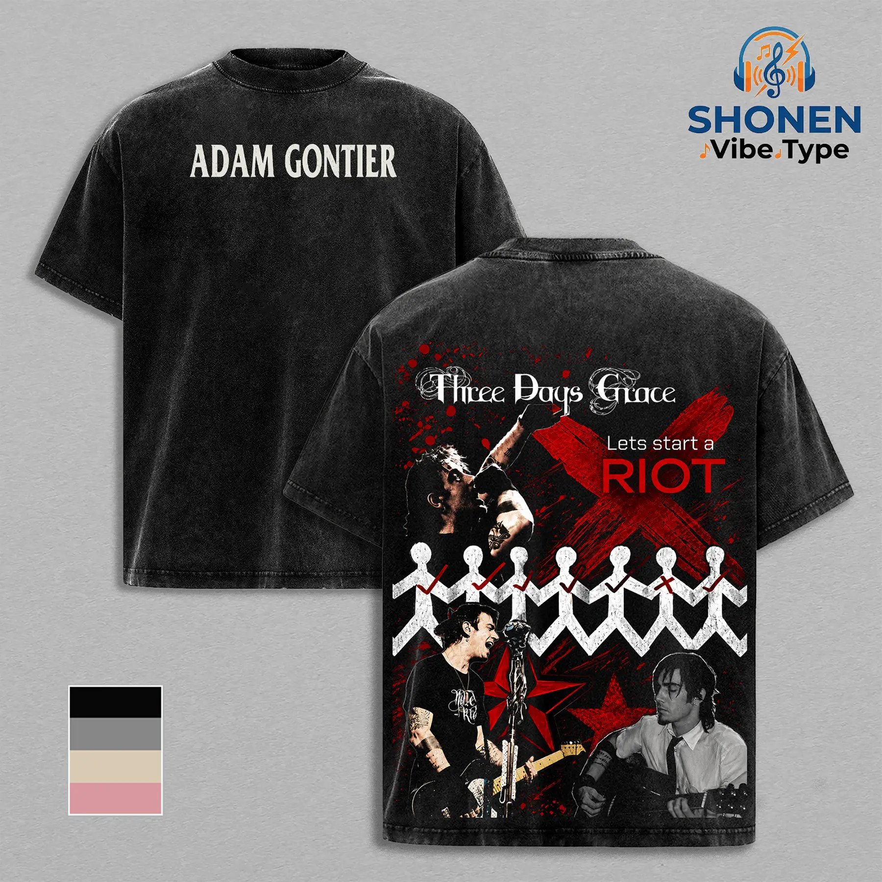 Adam Gontier Riot Graphic Tee, Three Days Grace Merch, Streetwear for Men, Oversized Black Washed Heavyweight T-Shirt, Grunge Aesthetic Clothing, Alternative Rock Band Shirt, Classic Lineup