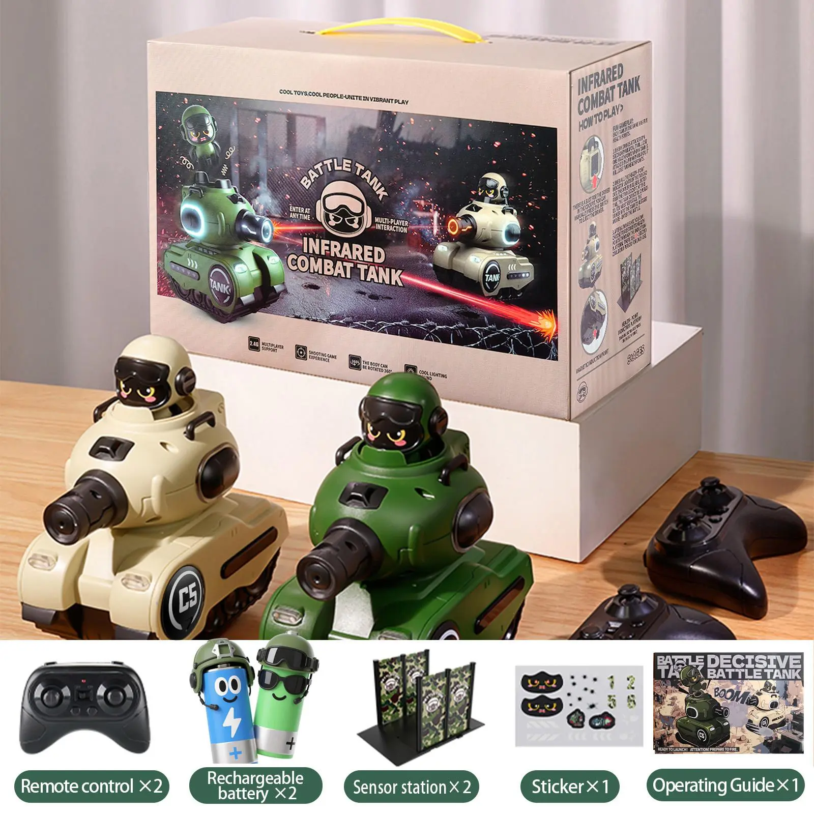 2-Pack 2.4G Infrared Remote Control Battle Tank Toy Set, Electric RC Tanks with Light & Sound Effects, Ejectable Pilot Figure, Multi-Player Game Gift for Kids Boys 3+