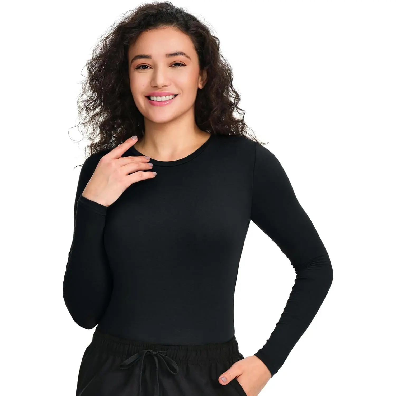 Women's Long Sleeve Underscrub Tee, Minimalist Crew Neck Slim Fit Shirt, Smooth Light Basic Base Layer for Medical Wear, Polyester, Fabric, Soft, Longsleeves, Undershirt, Top, Polyester Blend, Stretch Fabric, Clean Cut