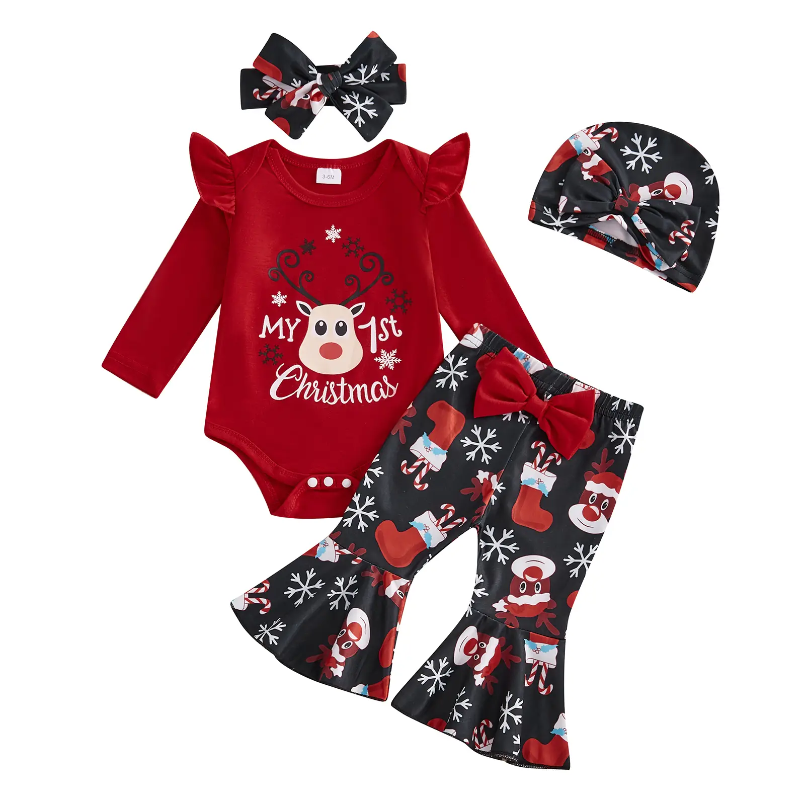 Baby Girls Christmas Outfits Elk Print Long Sleeves Romper and Elastic Flared Pants Headband Hat Set 4 Piece Clothes