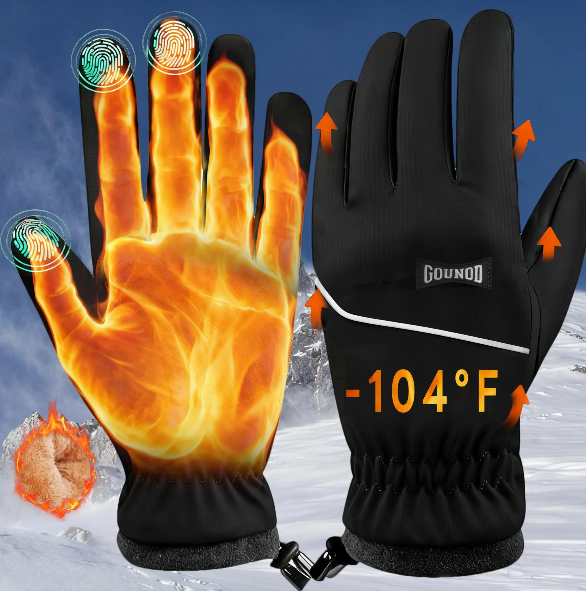 GOUNOD Winter Touchscreen Gloves for Men & Women, Waterproof Thermal Insulated Ski Gloves for Cold Weather, Windproof Warm Gloves for Cycling, Running, Hiking & Driving, Non-Slip Grip Winter Gift – Black