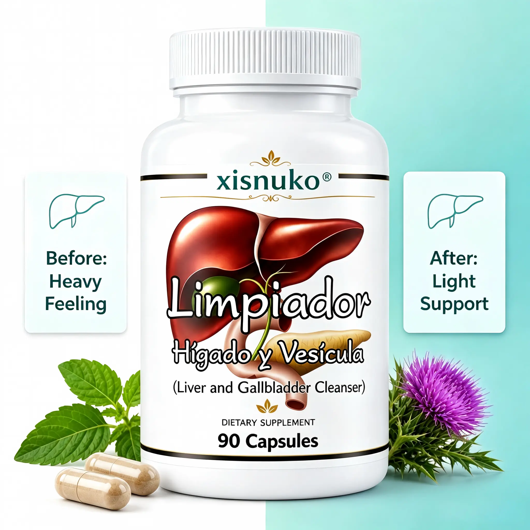 Xisnuko Liver & Gallbladder Cleanse Support for Adults - Organic Herbal Liver Detox, 450mg Boldo Extract + 300mg Milk Thistle Extract per Serving, 90 Gluten-Free Vegetarian Capsules, Natural, Health limpiador h