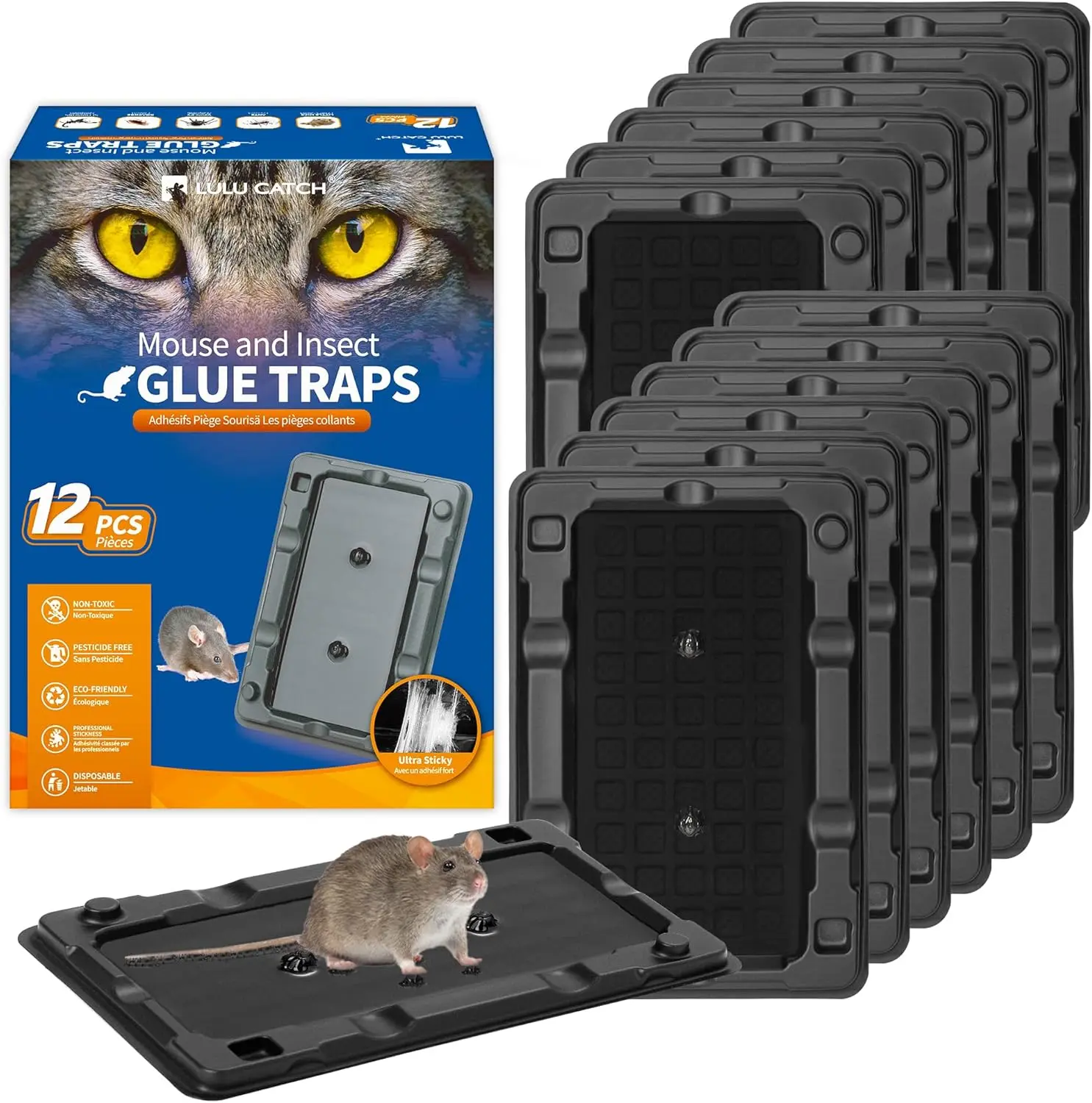 LULUCATCH Mouse Traps, 12 Pack Sticky Mouse Traps Indoor for Home, Pre-Baited Non-Toxic Bulk Glue Traps for Rats, Mice, Roach, Lizards, Pet Safe for Home & Garage, Easy to Use