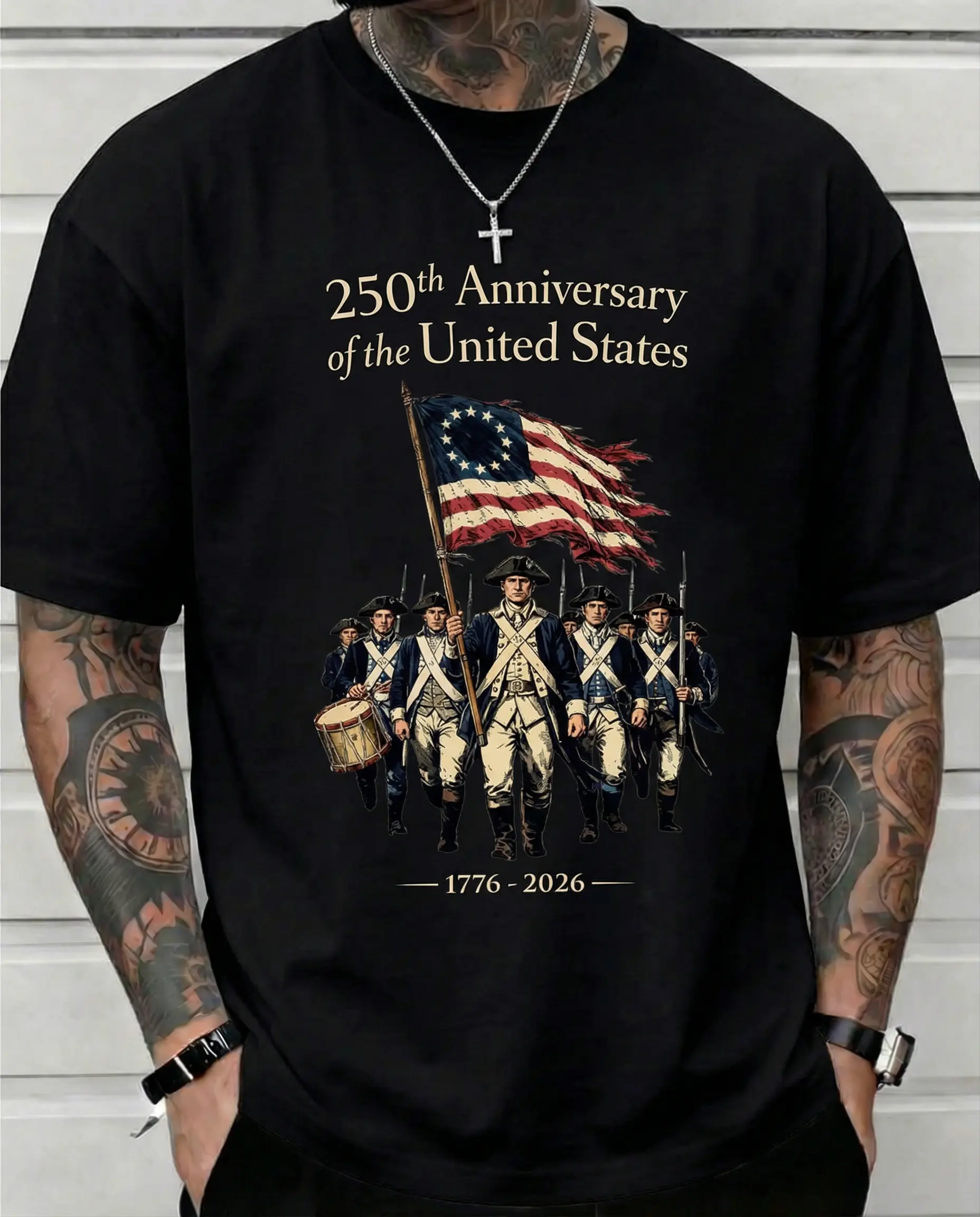 Men's Casual 250th Anniversary US 1776-2026 Vintage Historical Graphic Short-Sleeve Crewneck Unisex Patriotic American Flag Tee