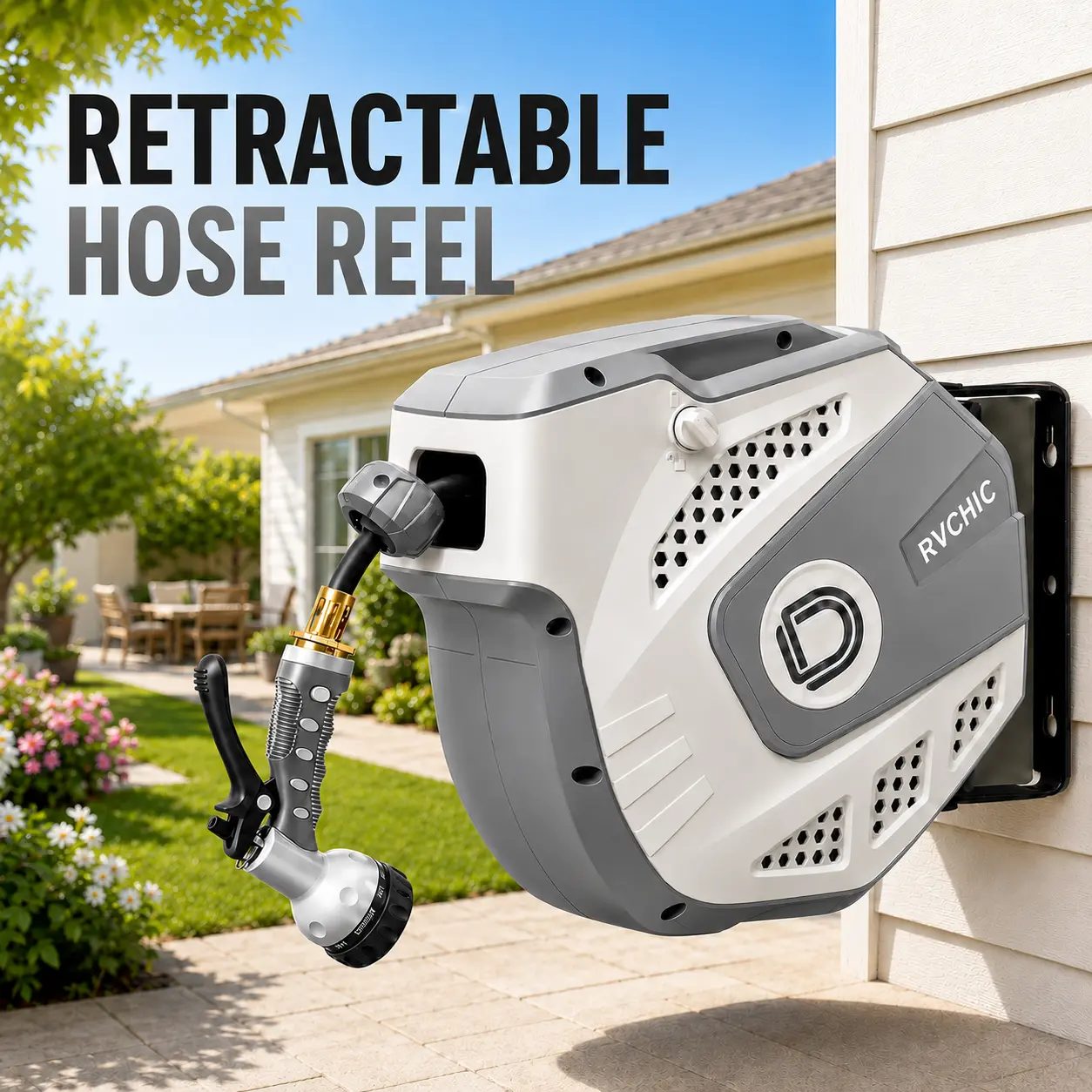 Retractable Garden Hose Reel 33FT/65FT Wall Mounted Auto Rewind Water Hose Reel with 9-Pattern Spray Nozzle, 180° Swivel Bracket, Slow Return System, Lock at Any Length