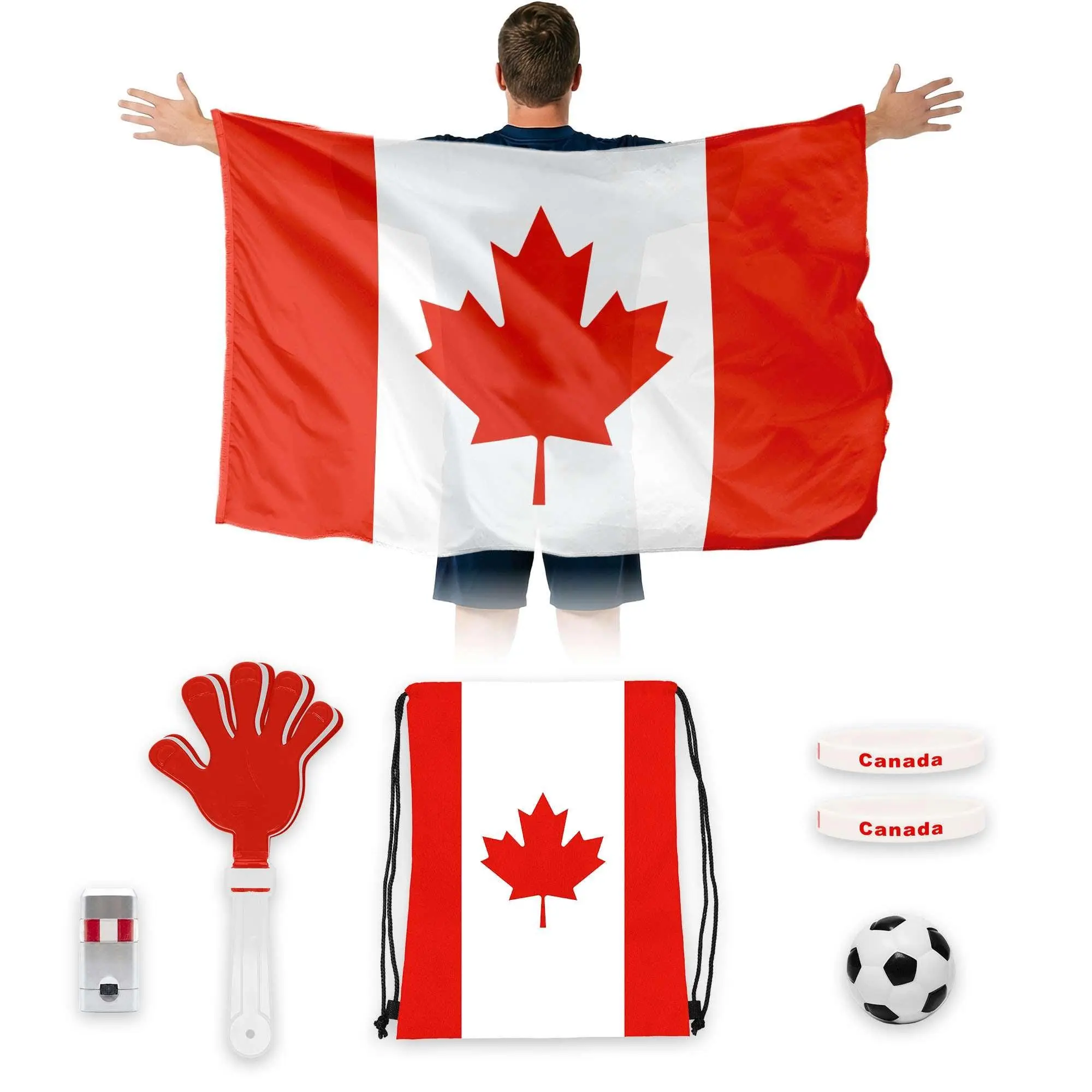 G128 World Soccer Tournament 2026 Cup Soccer Fan Set 6PCS, Canada Fan Merch with Flag and Bracelet, Accessories for Sports Parties