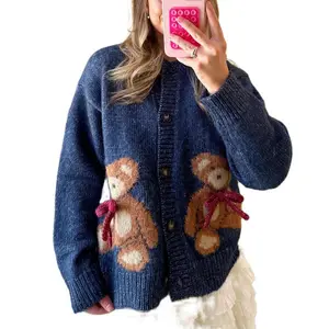 Y2k Knit Cardigans for Women Cute Bear Bow Long Sleeve Crewneck Sweater Button Down Casual Fall Tops Knitwear Womenswear Check