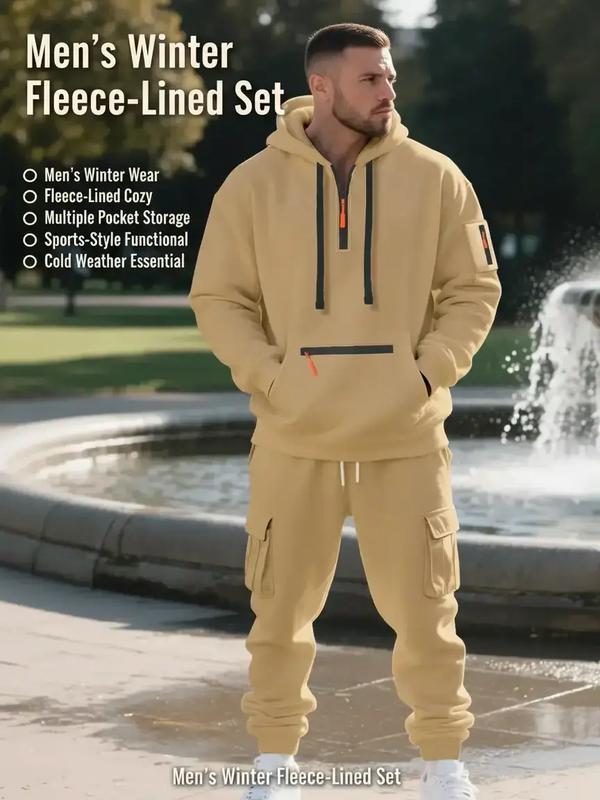 Men's Winter Heavyweight Fleece-Lined Casual Set, Loose Fit Sporty Multi-Pocket Workwear Suit, Warm & Comfortable Two-Piece Set