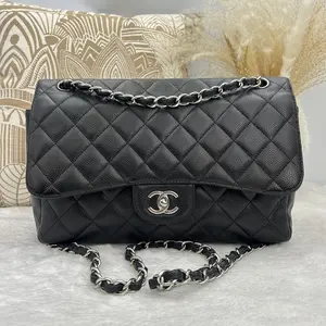 Pre-owned CHANEL Classic Double Flap CF Large Black Lychee Grain Silver Buckle Chain Bag 866