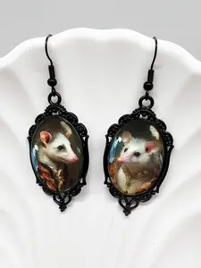 Creative Mismatched Lady And Gentleman Opossum Earrings Gothic Oval Glass Possum Earrings Jewelry Animal Theme Earrings