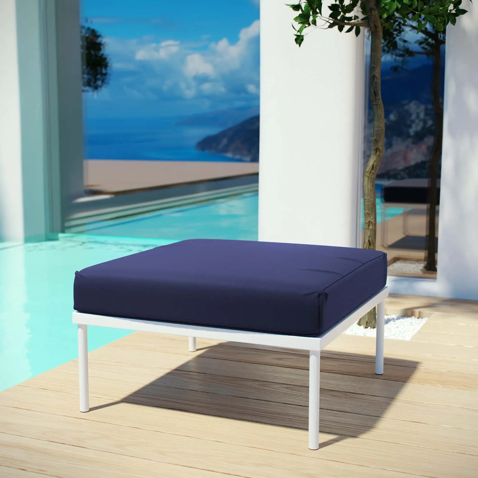 Modway Harmony Outdoor Patio Aluminum Ottoman - White Navy, Outdoor Safe Ottomans, Weatherproof Ottomans